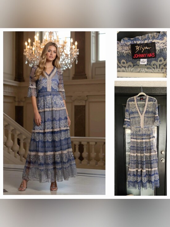 Johnny Was Dresses & Skirts - Johnny Was Blue and Cream Lace-Tiered Maxi Dress